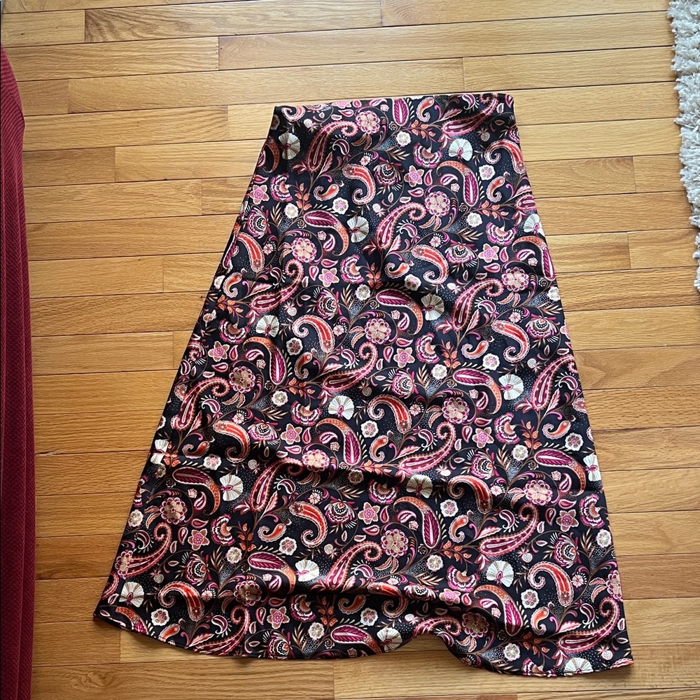 LOFT Black and Pink Paisley A-Line Skirt